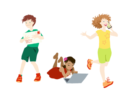 Eine Illustration von drei Kindern, eines mit einer Telefon, eines mit einem Brief und eines mit einem Laptop
